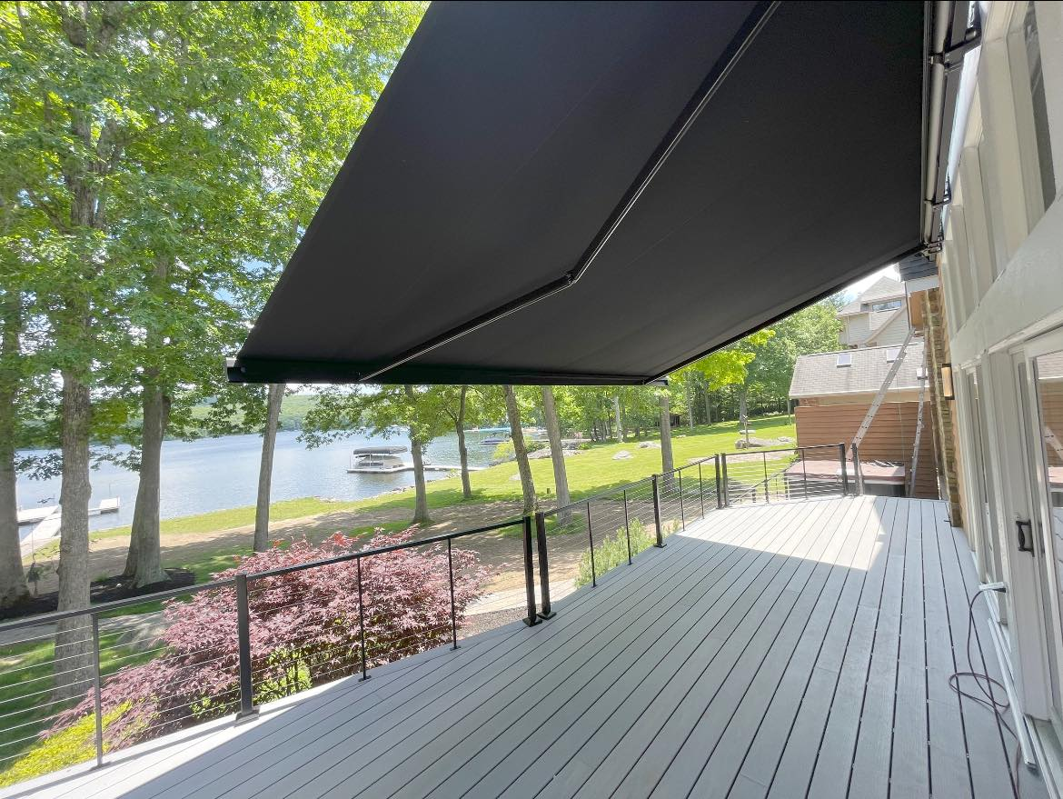 retractable canvas awning installed over top of back deck by Country Canvas awnings view 3